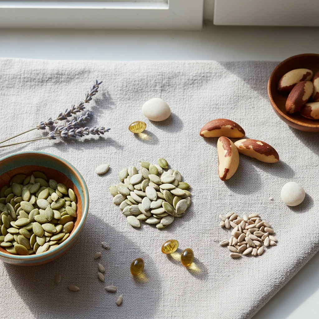Pumpkin seeds and Brazil nuts on a linen surface - natural sources of zinc and selenium for men's reproductive health