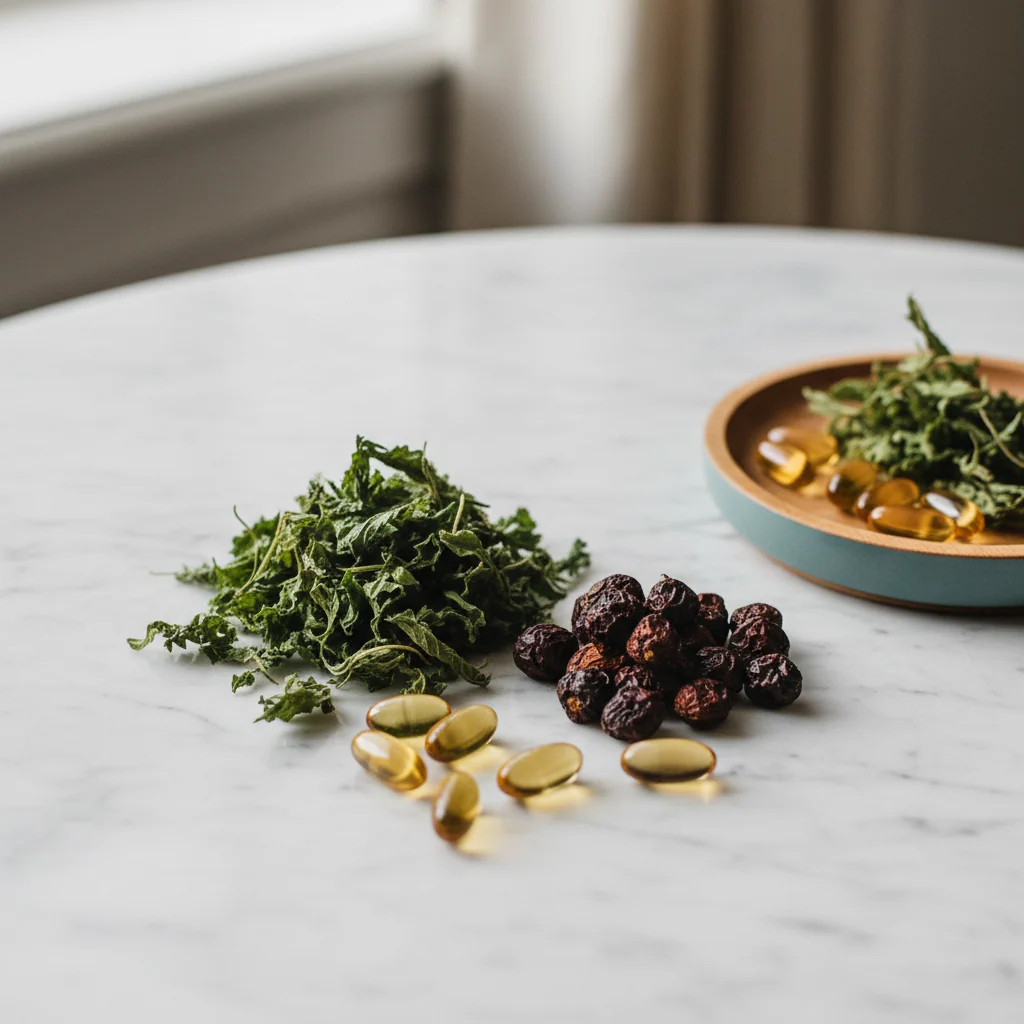 Amber vitamin E gel capsules alongside botanical ingredients on a marble surface - antioxidant support for men over 50